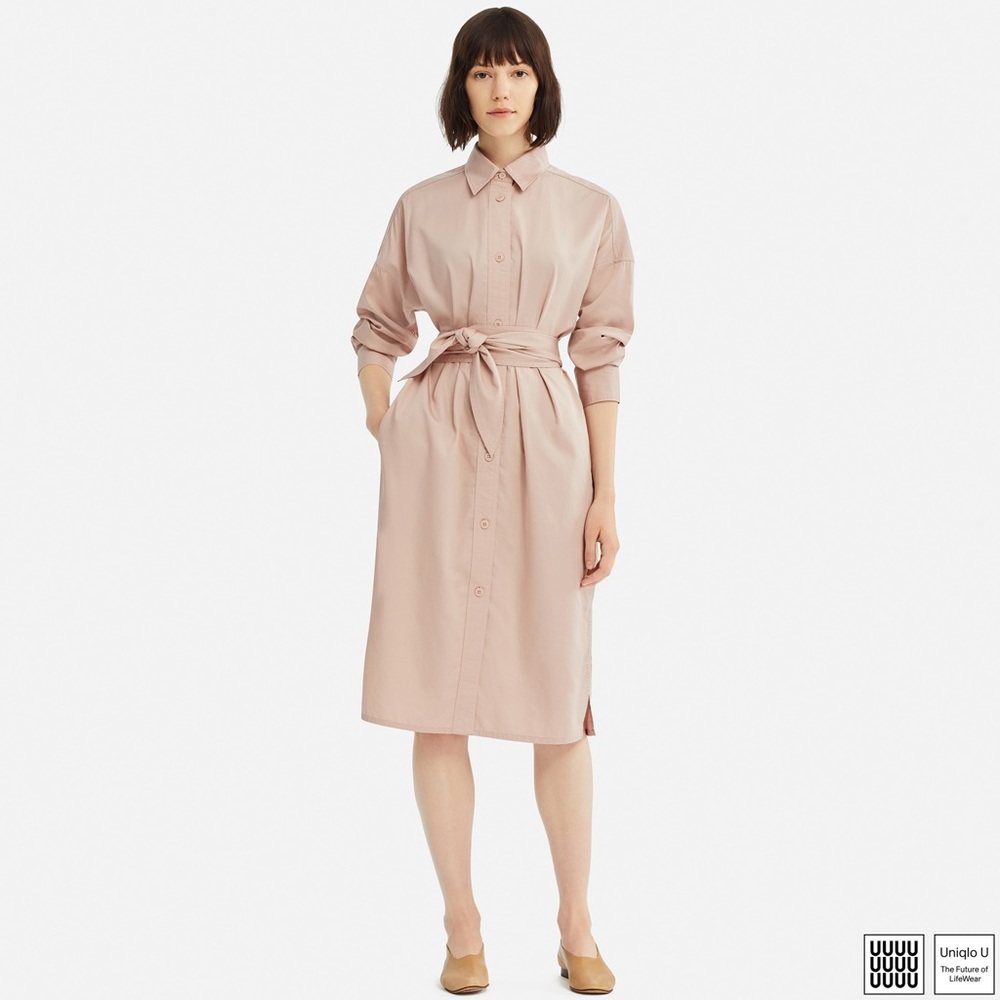 Long sleeve shirt dress with tie waist